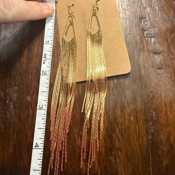 Gold Geometric Long Tassel Earrings – Statement Dangle Chain Fringe - Picture 2 of 4